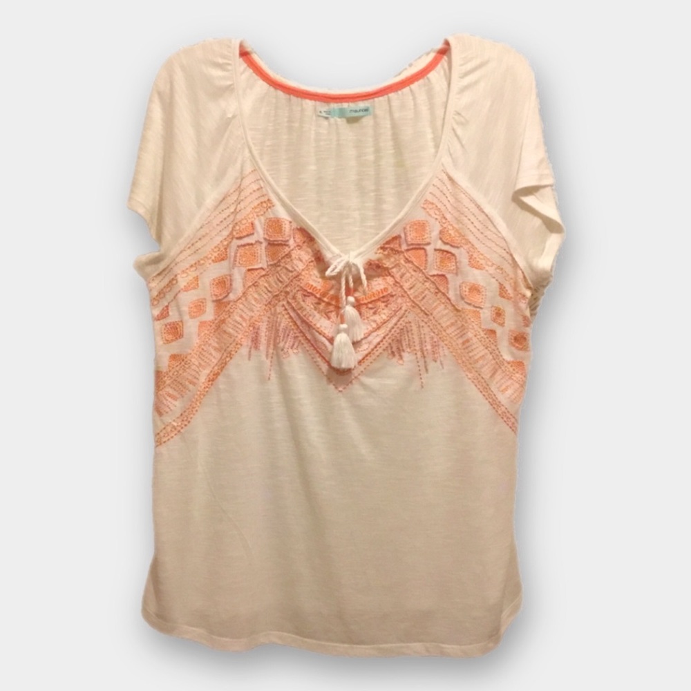 Maurices Bead & Embroidery Embellished, Tasseled Tie, Short Sleeve White Top - Picture 10 of 11